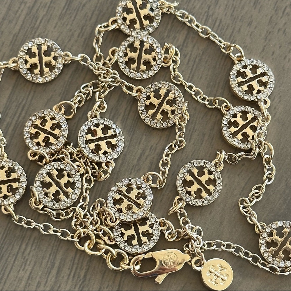 Tory Burch gold crystal pave triple strand logo bracelet - Picture 8 of 8